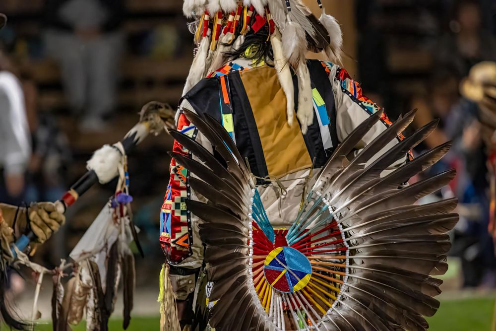 Detailed Native American feather headdress with colorful beadwork and designs.