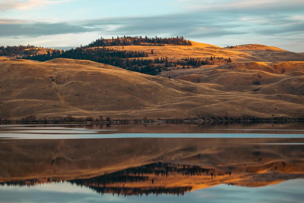 Golden hills reflecting in still lake water during sunset with mountains in background.