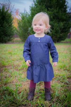 Toddler in navy dress and purple tights stands in autumn field.