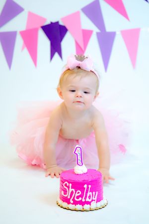 Baby in pink tutu crawls near first birthday cake with pink and purple bunting.