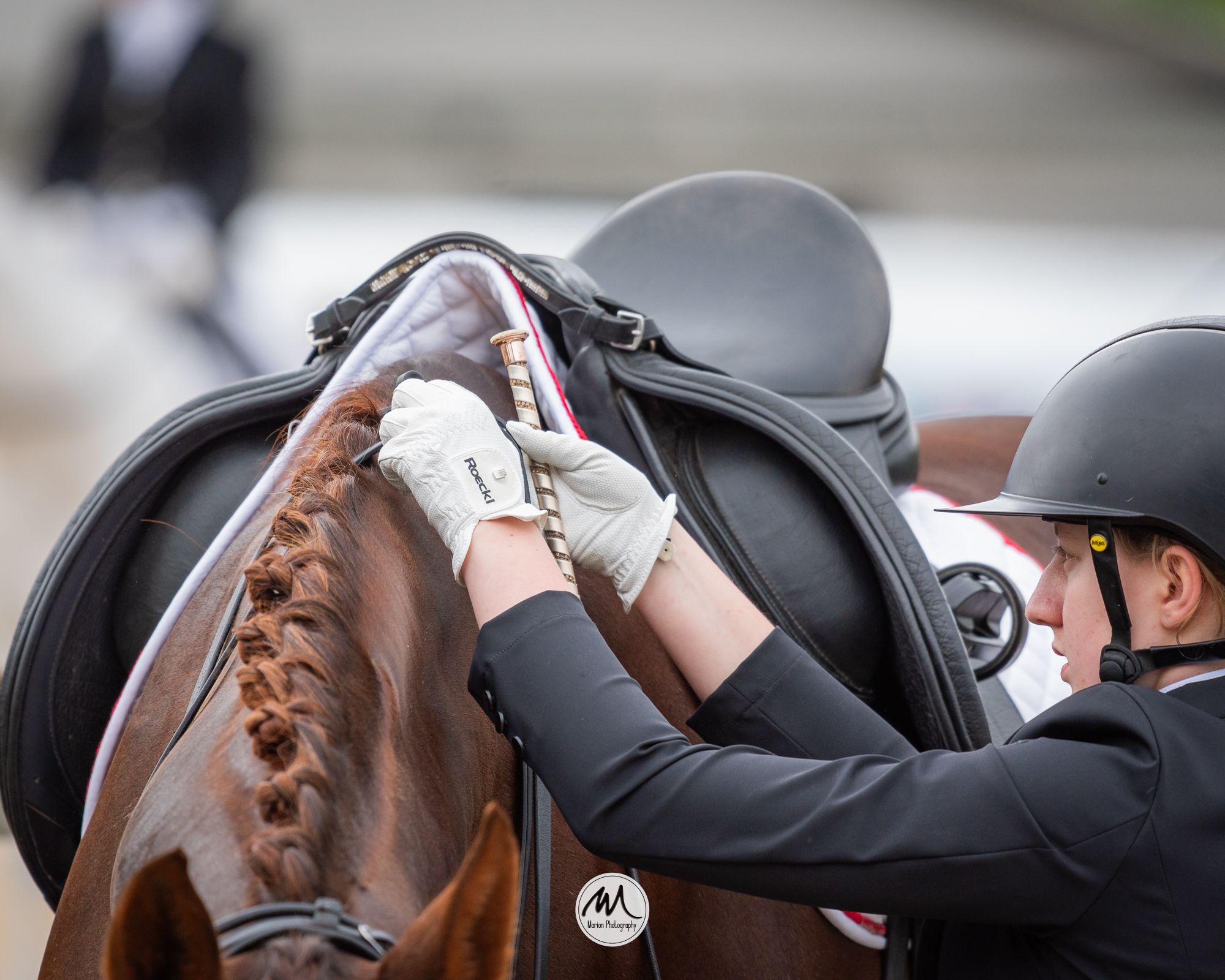 A person in equestrian attire and gloves is braiding a horse's mane near the saddle, using a metal comb.