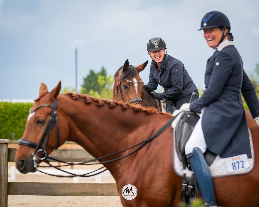 Equestrians in formal attire at a dressage competition with horses in outdoor arena.