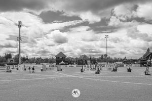Black and white aerial view of equestrian competition grounds with multiple riding rings.