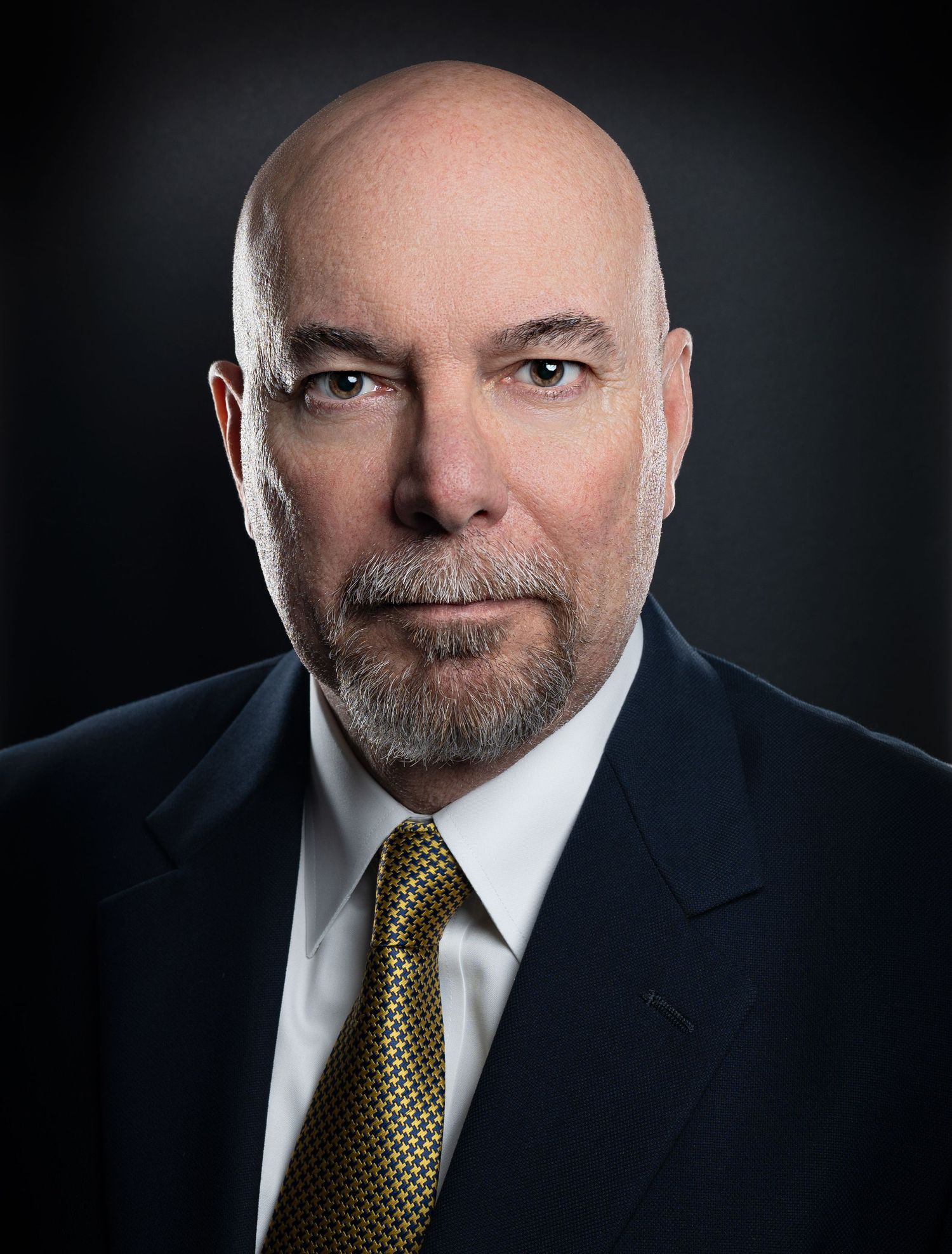 Professional black and white portrait shows a bald subject with a goatee wearing a suit and tie in dramatic lighting.