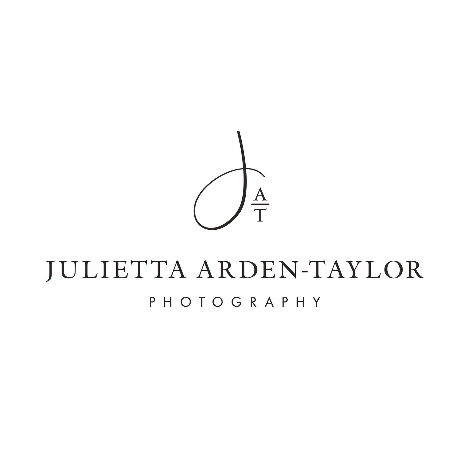 Elegant handwritten monogram style logo design for Julietta Arden-Taylor Photography in black and white.