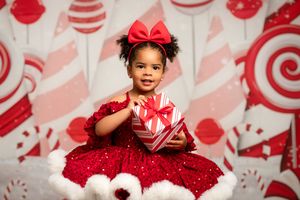 Three festive photos featuring holiday red and white decor with candy cane patterns in the background.