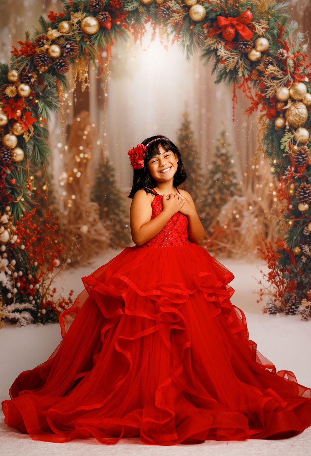 Young girl in red ball gown poses under Christmas arch with ornaments and greenery for festive holiday portrait.