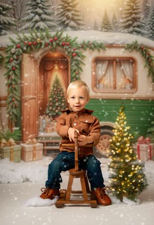 Festive holiday photo scene with decorated vintage camper, Christmas trees, gifts and snowy backdrop setting.