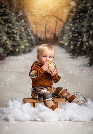 A small child in brown winter clothing sits on a wooden sled in a snowy winter scene holding a cookie.