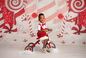 A collage of holiday-themed photos with red and white candy cane stripes and festive decorations.