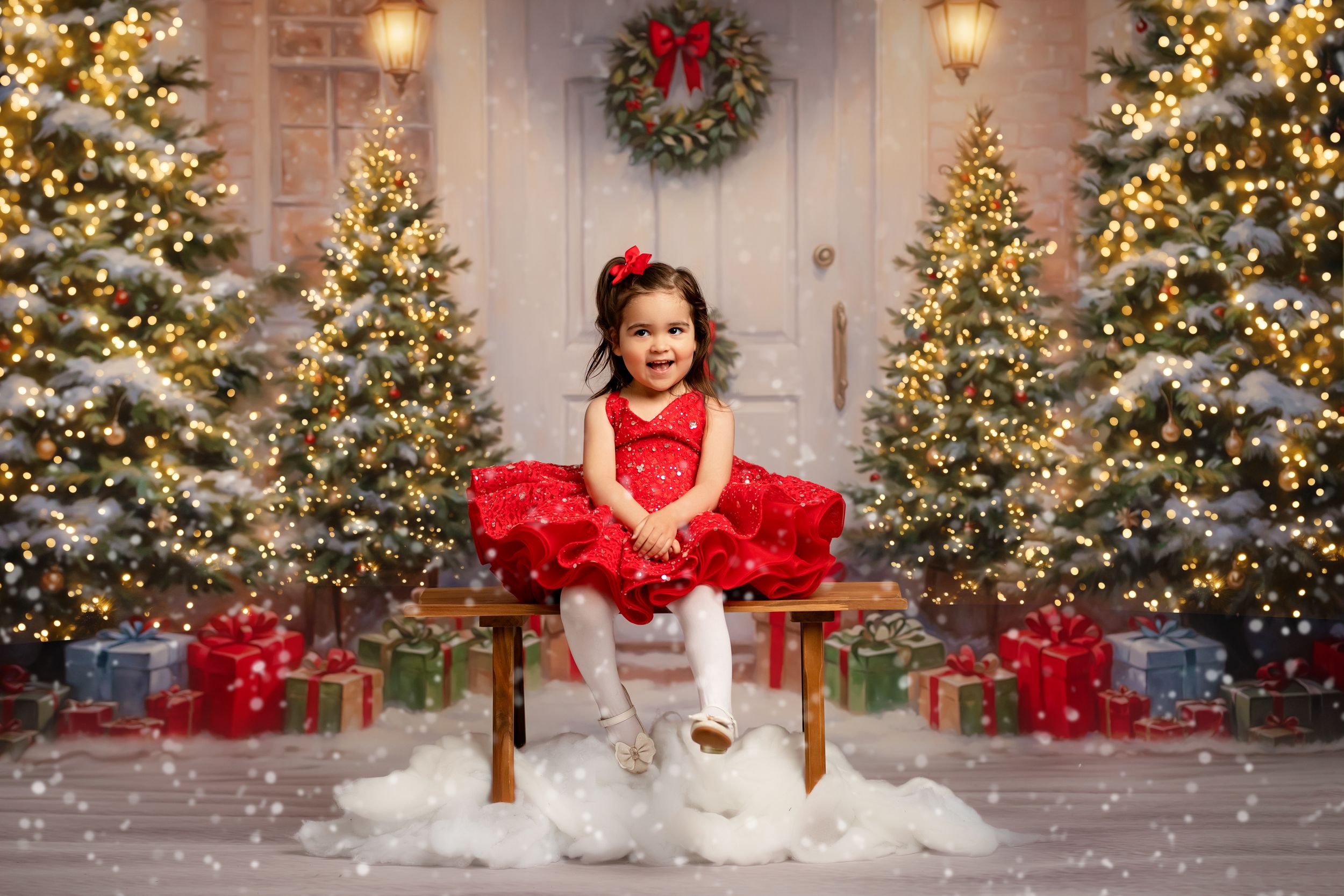 A festive Christmas scene with glowing decorated trees, twinkling lights, and a red wreath against a neutral wall.