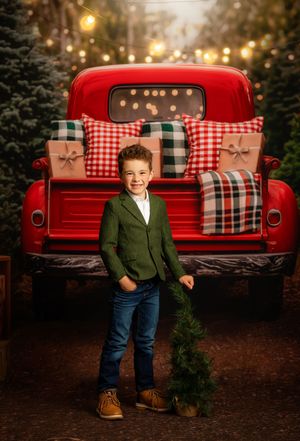 A smiling boy in a green blazer and jeans poses before a red truck with Christmas gifts and plaid pillows.
