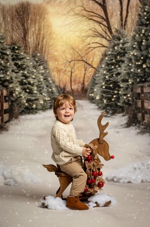 A series of winter photos showing a child in a cream sweater playing with a wooden reindeer prop in a snowy setting.