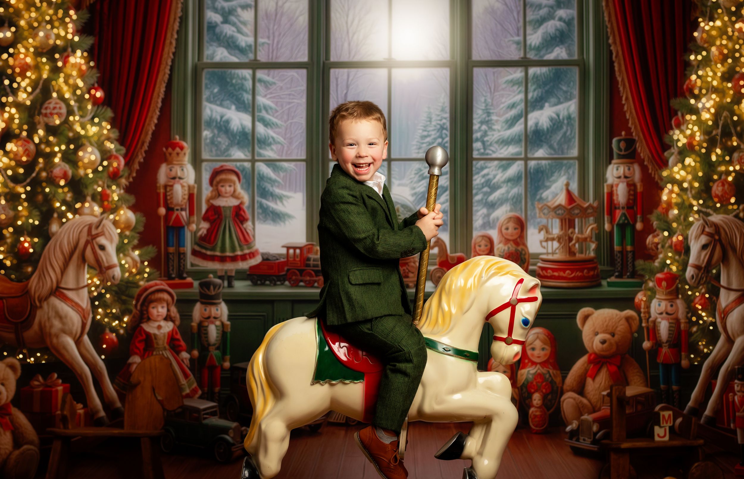 Young boy in green suit riding a rocking horse surrounded by Christmas trees, nutcrackers, and toys in a festive holiday scene.