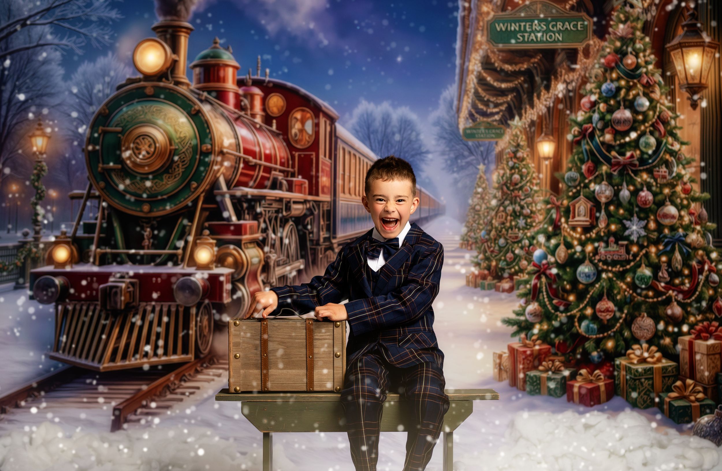 A joyful boy in a suit poses with a treasure chest beside a festive Christmas train and decorated tree in a snowy scene.