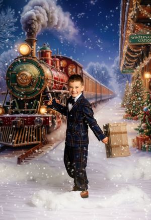 A young boy in a plaid suit poses at a snowy Christmas train station with a festive red locomotive behind him.