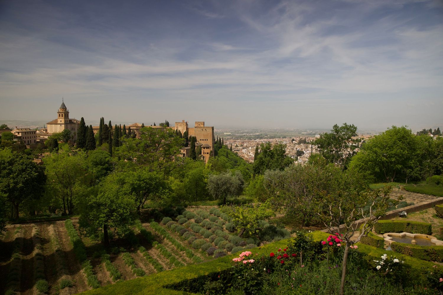 Scenic view of the Alhambra palace complex and Granada cityscape from hilltop gardens in Spain.