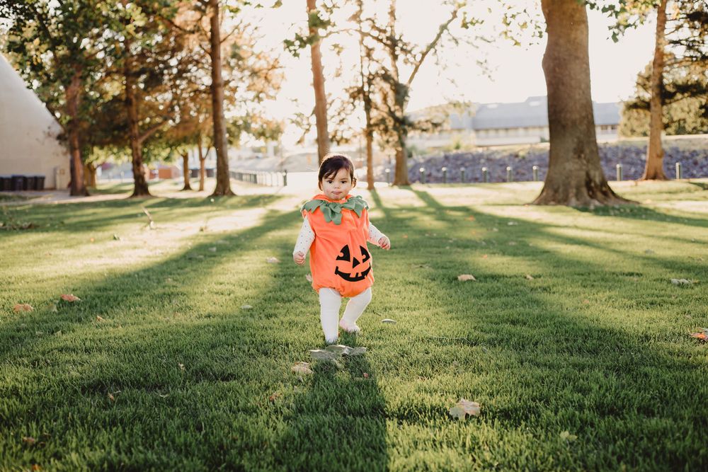 Small child holding orange pumpkin bucket on grassy lawn at sunset during Halloween season.
