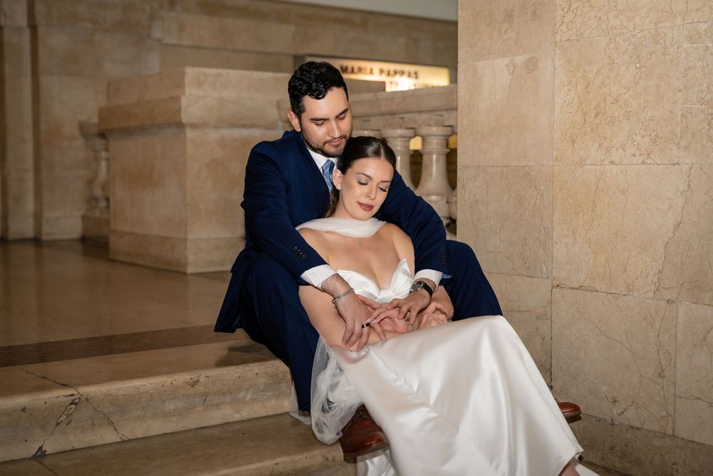 Wedding couple portraits at City all Chicago building interior with classic architecture.