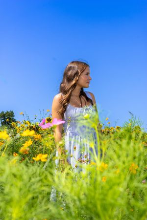Young woman in white dress standing in a vibrant wildflower meadow under a clear blue sky. Salem and Gloucester County Senior Portraits