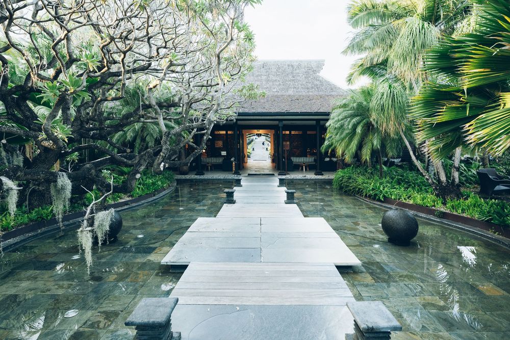Serene Asian garden pathway with stone steps leading to a traditional pavilion surrounded by lush tropical greenery.