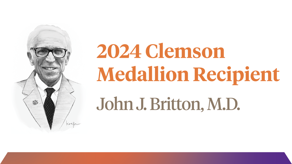 Black and white portrait sketch of Dr. John J. Britton with text announcing 2024 Clemson Medallion Recipient.