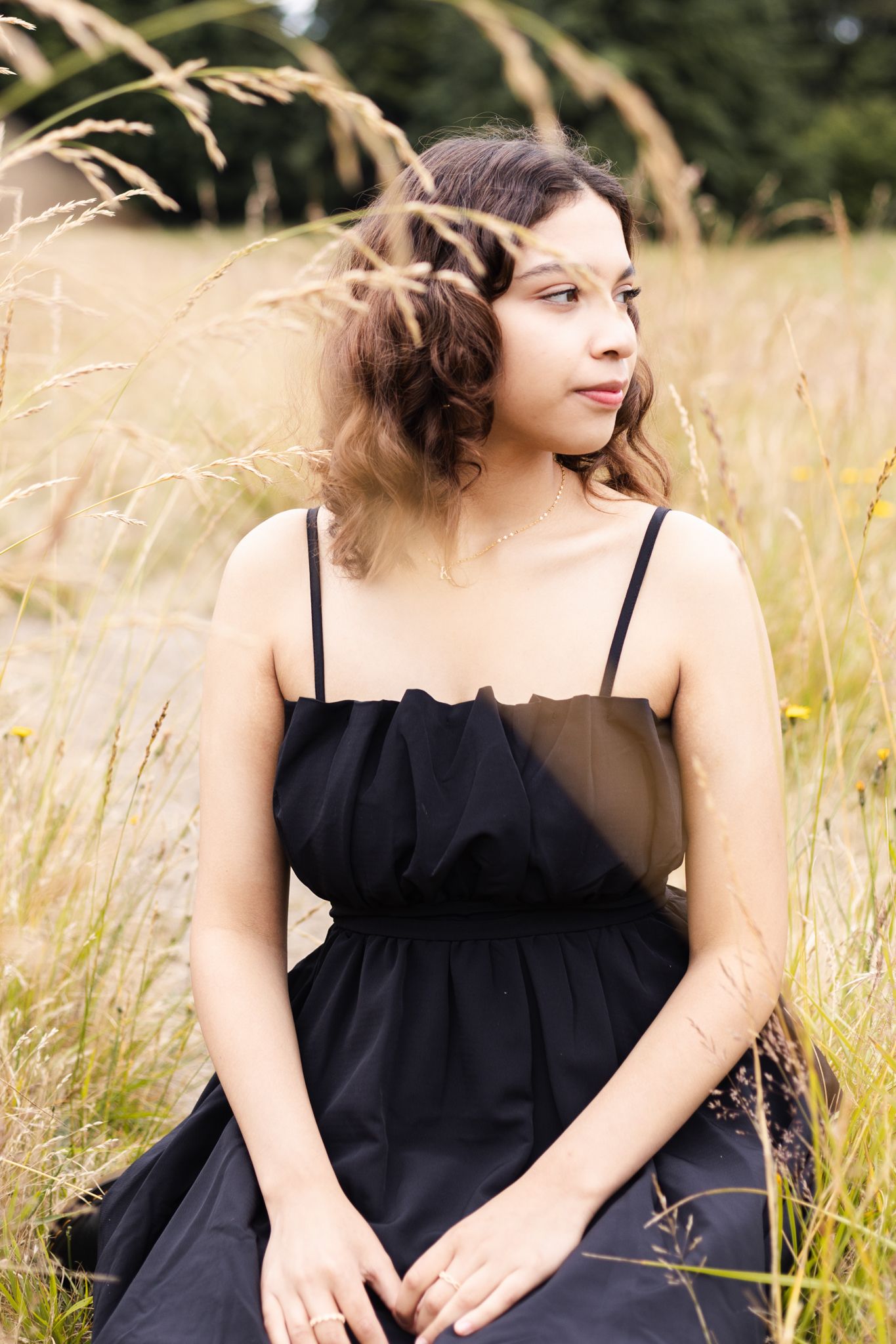 A portrait in a golden wheat field with tall grass swaying in the breeze.