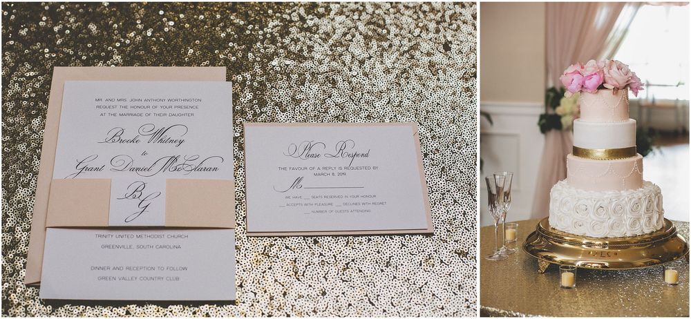 A collection of elegant wedding stationery and cake details featuring gold accents and classic calligraphy designs.