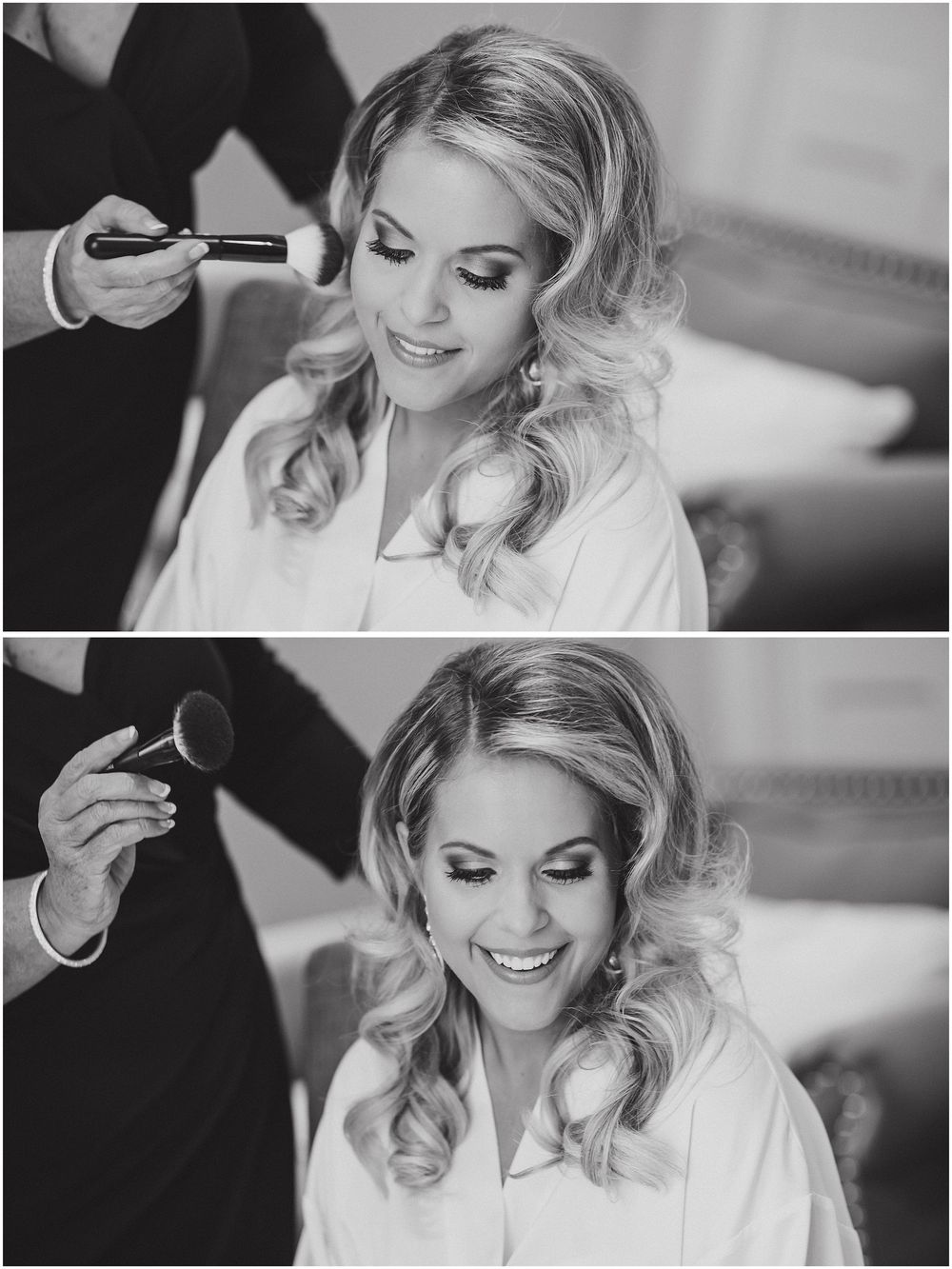 Black and white photos show a bride getting ready with makeup application and styled blonde curls in a white robe.