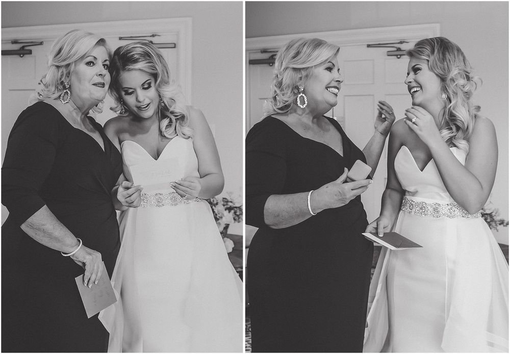 A sequence of black and white photos showing a bride getting help with her dress during wedding preparations.