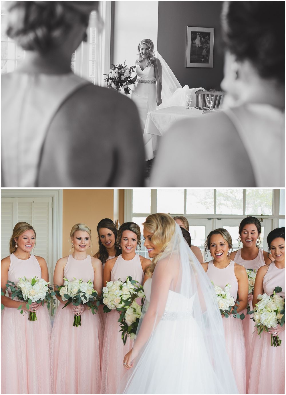 Bridesmaids in soft pink dresses pose with white floral bouquets in an elegant indoor setting.