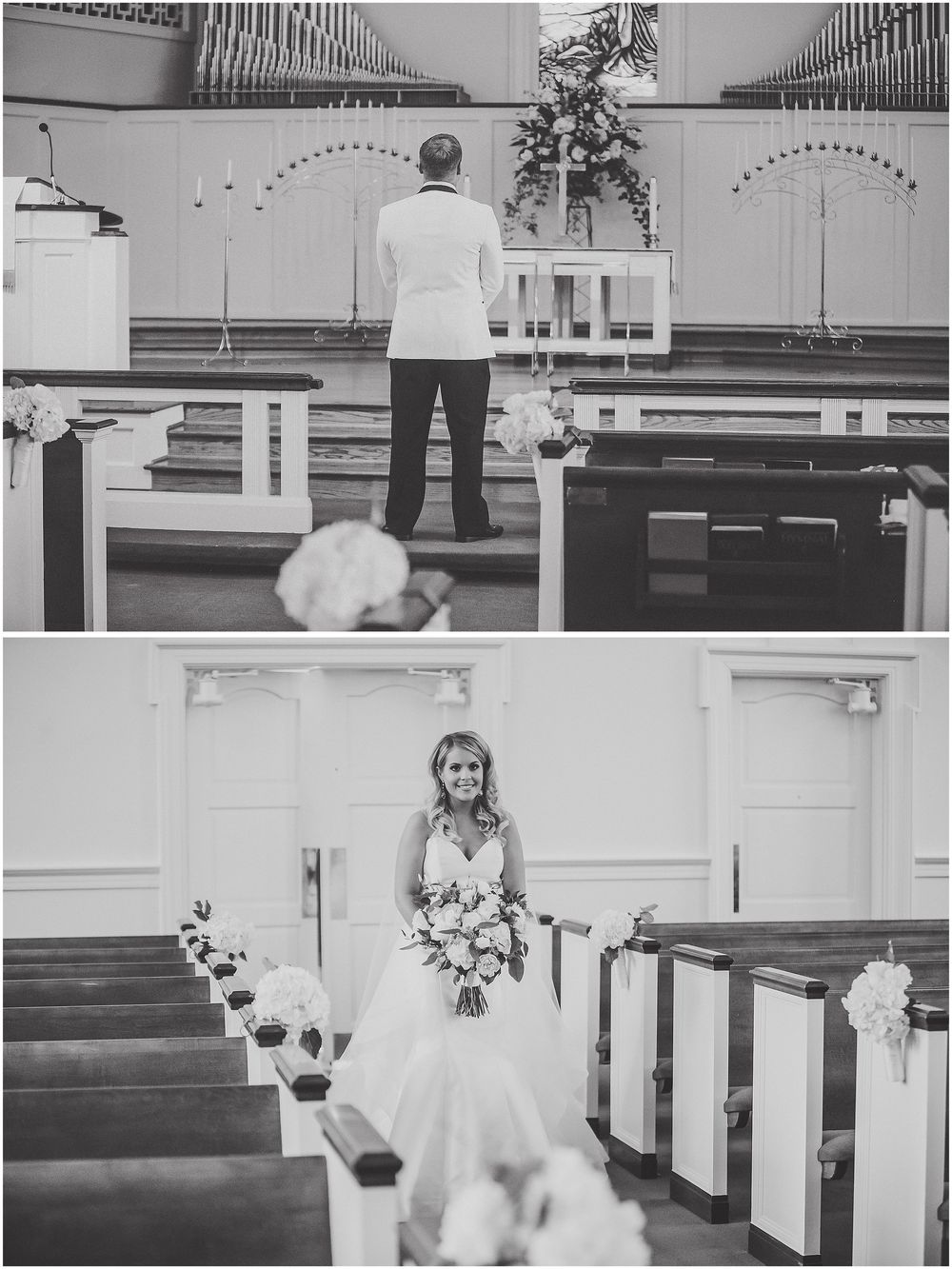 A series of black and white wedding photographs showing moments in a church with pews and floral decorations.