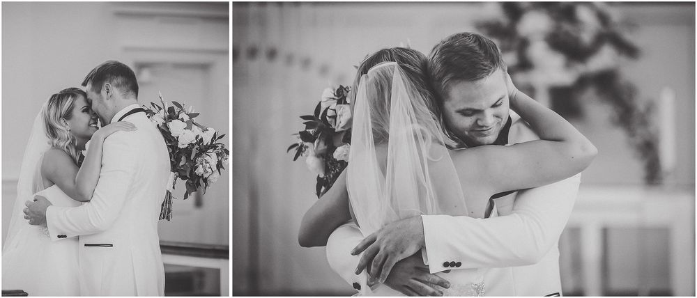 A romantic black and white photo series showing tender moments between a couple on their wedding day.