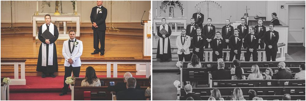 A series of black and white photographs showing formal group portraits and gatherings from a historical setting.