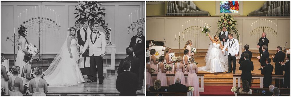 A wedding ceremony in a church with a bride and groom at the altar, shown in both black and white and color photos.