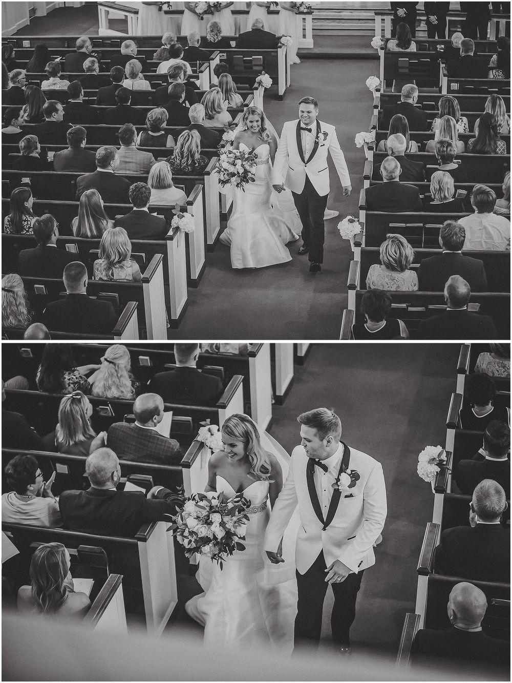 Black and white wedding ceremony photos showing a couple walking down church aisle with guests seated in wooden pews.