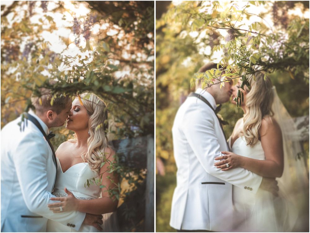 A romantic wedding photo series showing tender moments between a couple in white attire during their outdoor celebration.