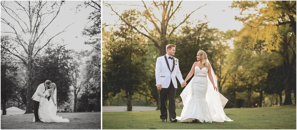 Side by side wedding photos showing couple in formal attire posing among autumn trees.