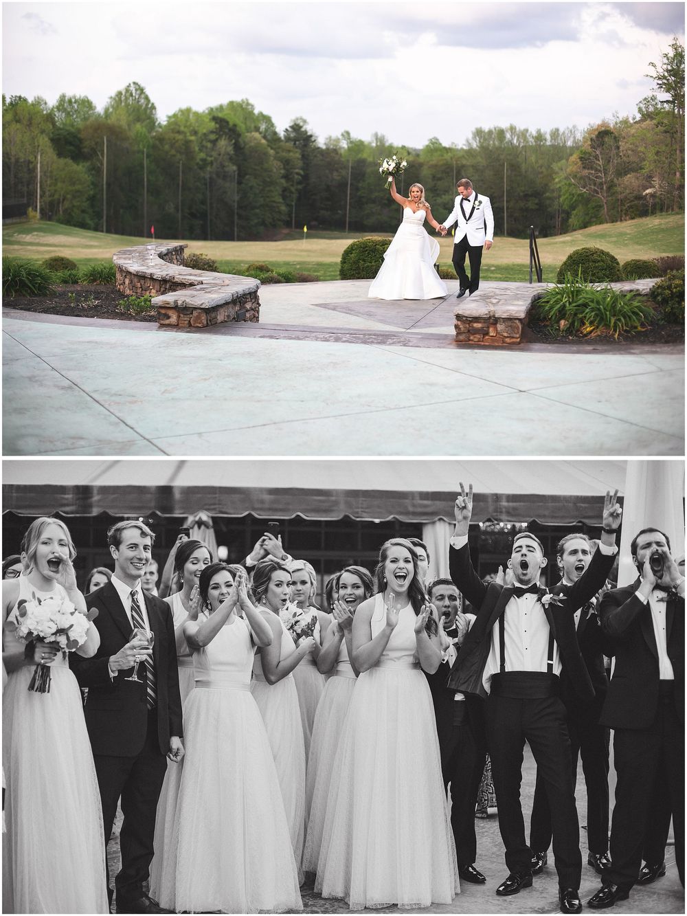 Wedding party celebrating outdoors at a scenic venue with golf course and natural landscape in the background.
