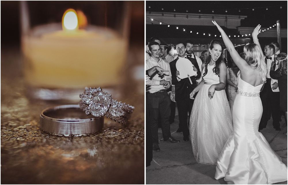 Wedding rings with diamonds sparkle next to a candle, alongside a joyful celebration on the dance floor at a reception.