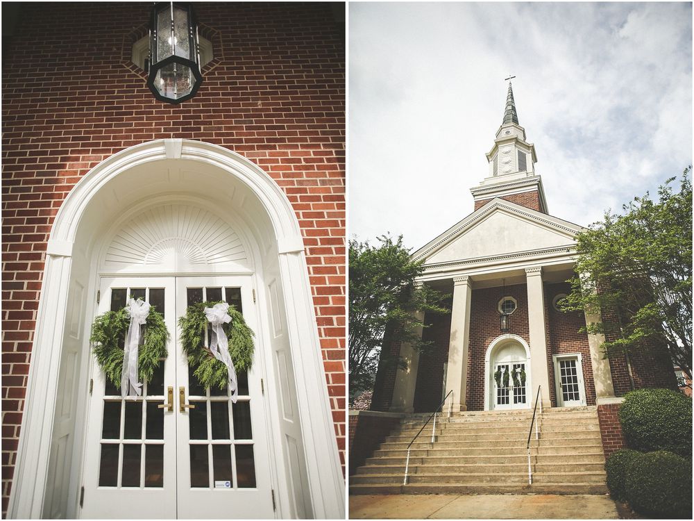 A series of architectural photos showing white columns, brick walls, and arched doorways of a traditional church building.