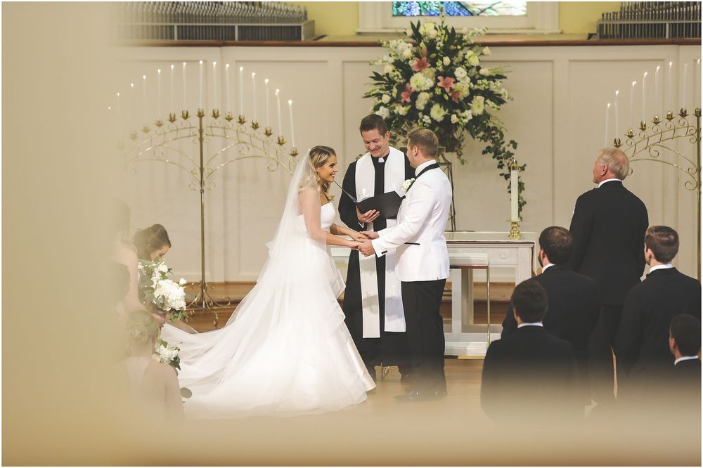 A sequence of wedding ceremony moments captured in a church with traditional decor and floral arrangements.