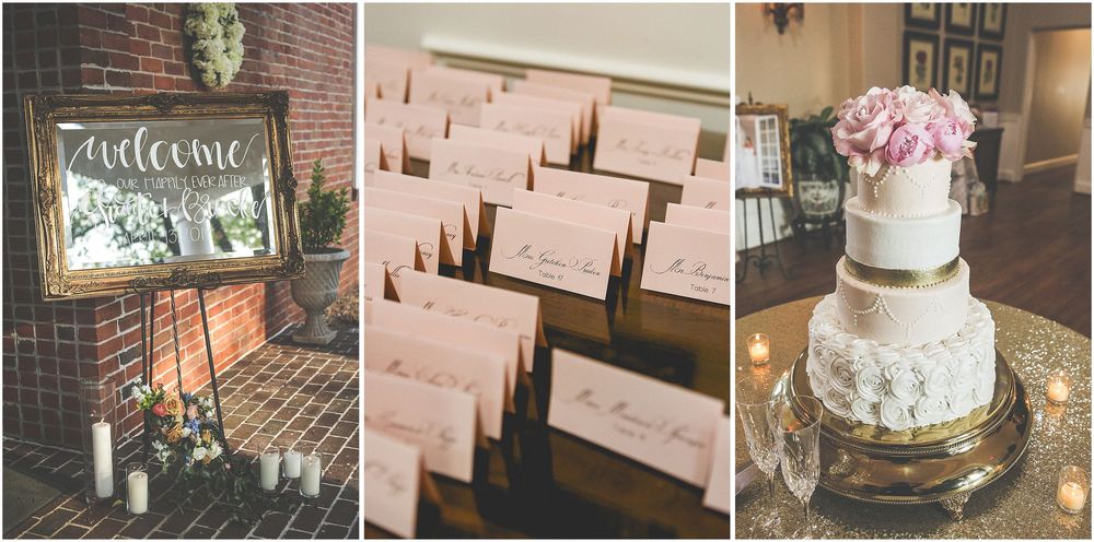 A rustic wedding venue features exposed brick walls, elegant table settings, and romantic floral arrangements throughout.