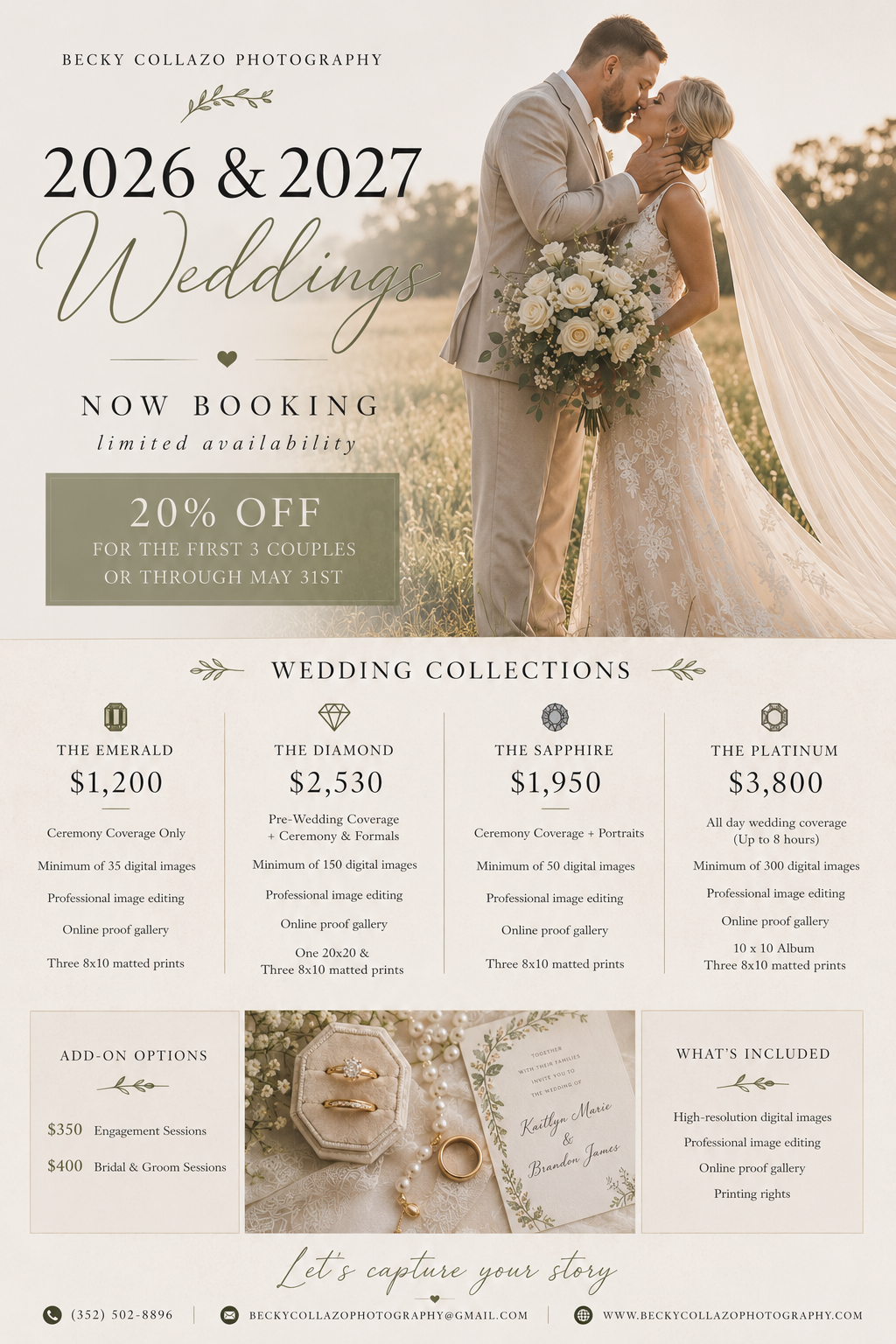 Wedding photography pricing guide template with four package tiers and sample couple photos.