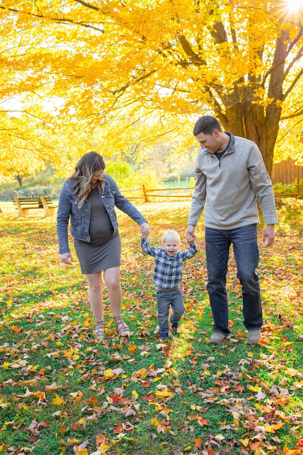 Family walking together on fallen autumn leaves under vibrant yellow maple trees in a sunlit park.