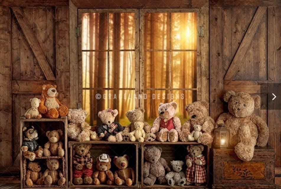 Collection of vintage teddy bears displayed on rustic wooden shelves near sunlit window in cozy barn setting.