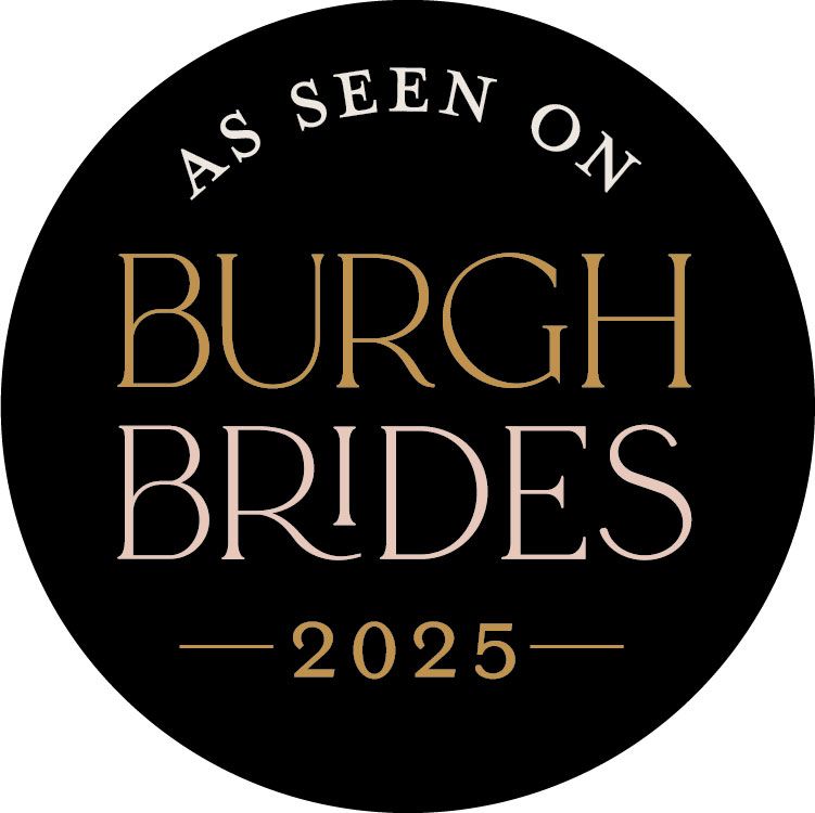 Black circular logo for Burgh Brides 2025 with 'As Seen On' text in white and gold lettering.