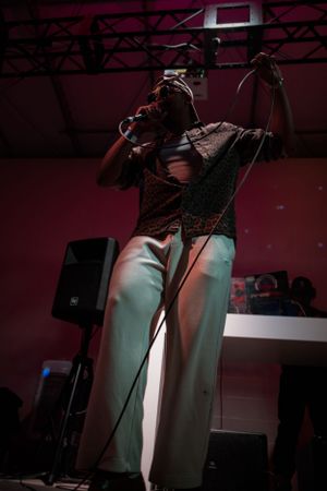 Dynamic low-angle concert photo of performer singing on stage in red lighting.
