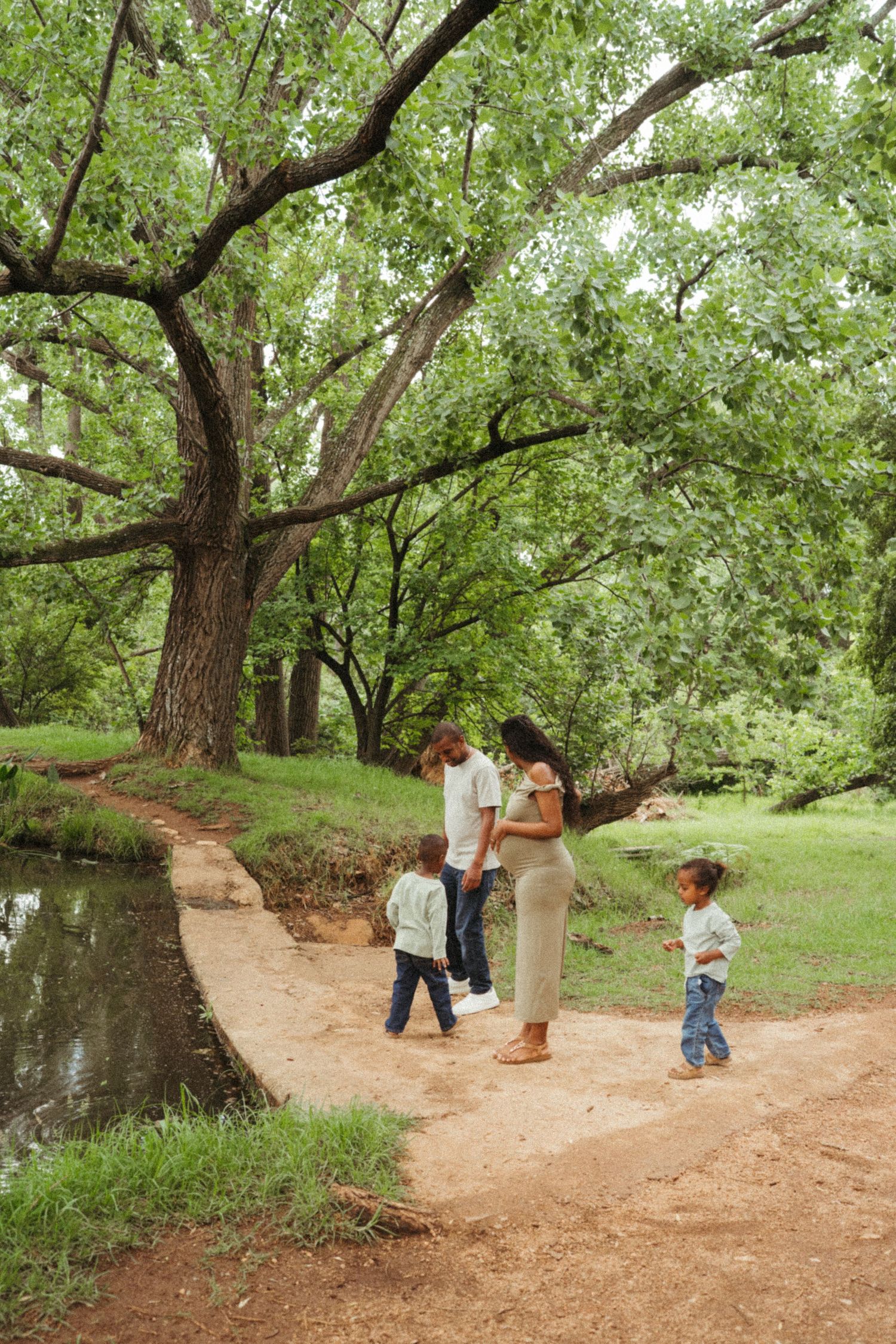 A scenic wooded trail with people walking under large green trees.