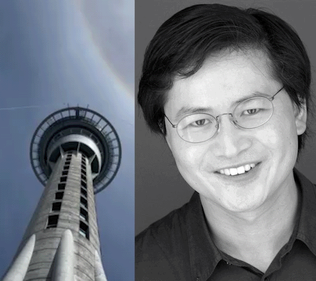 A black and white photo of a man next to an animated gif of someone jumping from a high tower.